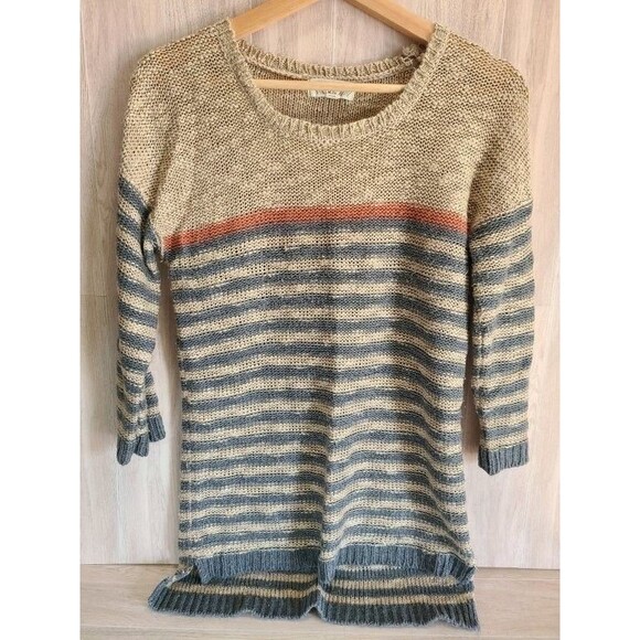 Pink Rose Striped Sweater L Loose Knit 3/4 Sleeve Pullover Beige Blue Rust Acryi - Picture 1 of 8